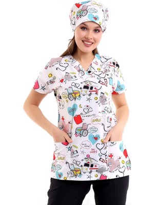 Yarasa Kol Dijital Unisex Desenli Üst - 6503 Beyaz Stetoskop
