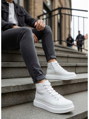 BOA BA0713 Bağcıklı Beyaz Yüksek Taban Erkek Tarz Spor Bot