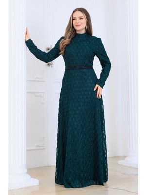 Elben Moda Lina Tesettür Abiye Elbise Dantel Kumaş Eteği Kuyruk ve Beli Taş Detaylı