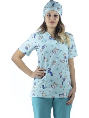 Zarf Yaka Desenli Üst - 3702 Su Yeşili Sağlıkçı