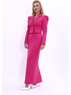 Önder Özsoy Gömlek Yaka Kısa Ceket &  Uzun Düz Dar Etek-Fuşya