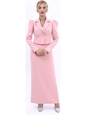 Önder Özsoy Gömlek Yaka Kısa Ceket &  Uzun Düz Dar Etek-Pudra