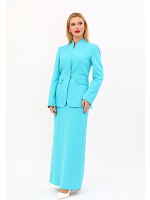 Önder Özsoy Kendinden Dik Yakalı Ceket & Uzun Düz Dar Etek-Turkuaz