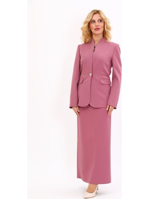 Önder Özsoy Kendinden Dik Yakalı Ceket & Uzun Düz Dar Etek-Rose