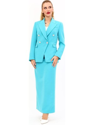 Önder Özsoy Erkek Yaka  Çapraz Ceket &  Uzun Düz Dar Etek-Turkuaz