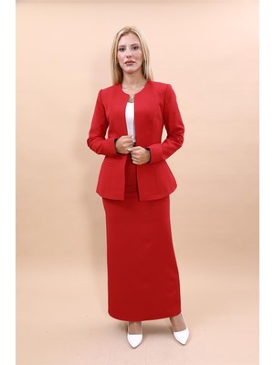 Önder Özsoy Oval Yaka Yandan Kuplu Klasik Ceket & Uzun Düz Dar Etek-Kırmızı