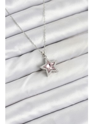 Callerrons Accessories Zincir Gümüş Renk Pembe Taşlı Yıldız Model Kadın Kolye - EBJ251025W38308