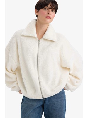 Defacto C8229AXER105 Ekru Oversize Geniş Kalıp Polo Yaka Welsoft Pelüş Hırka