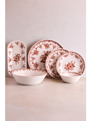 Perotti Antik Bordo 27 Parça 6 Kişilik Seramik Yemek Takımı Vintage Çiçek Desenli Yuvarlak Servis Seti
