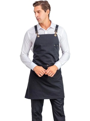 Barista Askılı Önlük Çift Cepli Deri Kemerli Siyah