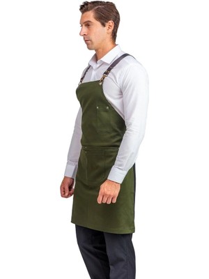 Barista Askılı Önlük Çift Cepli Deri Kemerli Yeşil