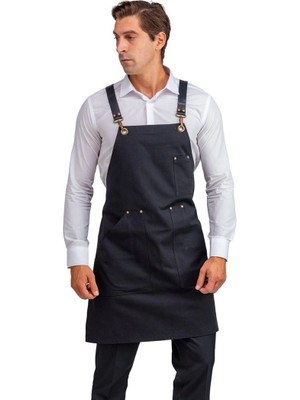 Barista Askılı Önlük Kanguru Cepli Deri Kemerli - Siyah