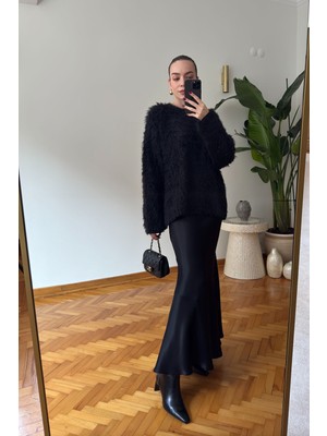 Magarde Uzun Verevli Saten Etek- Siyah