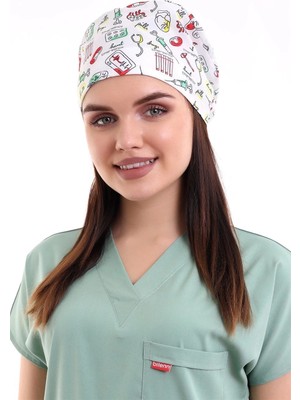 Dijital Unisex Desenli Bone - 6518 Beyaz Sağlık Sembolleri