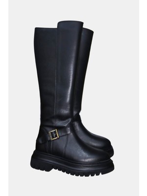 Bulldozer Siyah Cilt Kadın Hakiki Deri Platform Çizme