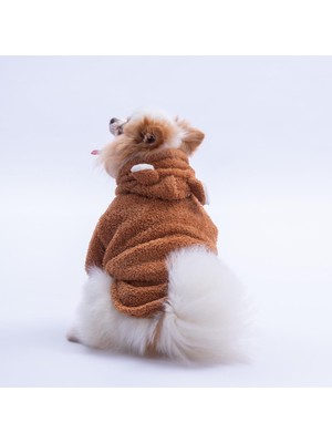 Pawstar Kahverengi Lucca Teddy Hoodie  Ayı Kulaklı Peluş Köpek Kıyafeti Kedi Kıyafeti Köpek Sweati