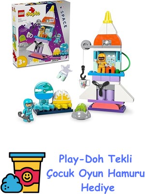 LEGO Duplo 3’ü 1 Arada Uzay Mekiği Macerası 10422-3 Yaş ve Üzeri Çocuklar Için Astronot Minifigürü Içeren Eğitici Oyuncak Yapım Seti, Doğum Günü Hediyesi Fikri (58 Par + Play-Doh Oyun Hamuru