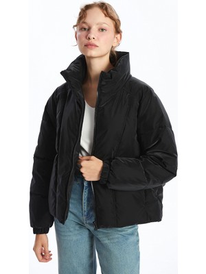 LC Waikiki Lcw Vision Siyah Dik Yaka Oversize Deri Görünümlü Kadın Şişme Mont