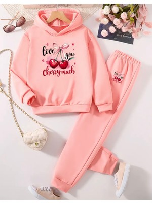 Punix Kids Punıx Kıds Özel Tasarım Cherry Much Baskılı Kapüşonlu Kışlık Kız Çocuk Desıgn Eşofman Takımı