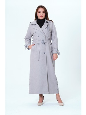 Belur Kadın Büyük Beden Astarlı Tam Boy Ceket Yaka Kaşe Kaban