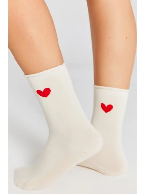 Bamboo Star Bambu Kadın Lastiksiz Krem Soket Dikişsiz Premium Kalp Desenli Çorap Iz Bırakmaz - Sıkmayan Çorap