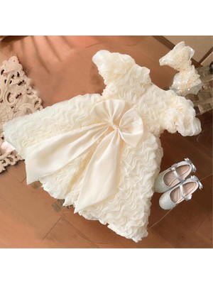 Melek Golden Kız Çocuk Abiye Elbise-Fırfırlı Kabrık Model,büyük Fiyonk Detaylı,krem ve Pambe Renk