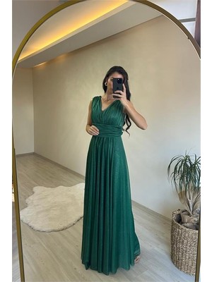 Dip Moda Kadın Işıltılı Kumaş Göğüs Drapeli Kolsuz Elbise DPNM003