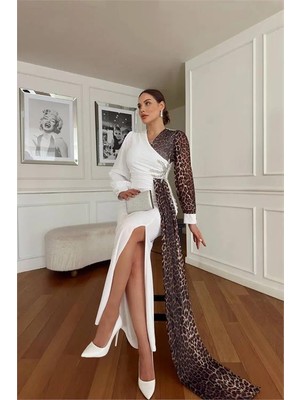 Dip Moda Kadın Leoparlı Yırtmaç Detaylı Taşlı Abiye Elbise DPNC2509