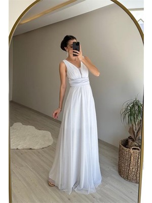 Dip Moda Kadın Işıltılı Kumaş Göğüs Drapeli Kolsuz Elbise NM003