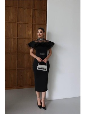Dip Moda Kadın Dantelli Midi Boy Taşlı Tasarım Elbise DPNC2521