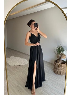 Dip Moda Kadın Işıltılı Kumaş Yırtmaçlı Abiye Elbise NM002