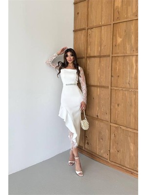 Dip Moda Kadın Datelli Etek Volanlı Asimetrik Elbise DPNC2603