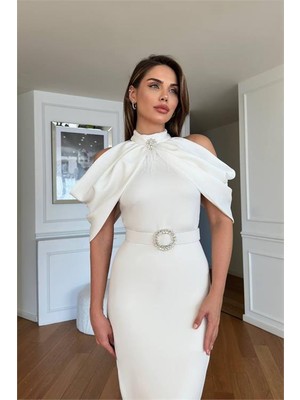 Dip Moda Kadın Kemerli Karmen Yaka Midi Elbise DPNC110095