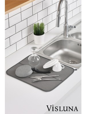 Visluna Bulaşık Kurulama Matı Süper Emici Kurulama Bezi Kurutma Örtüsü Tezgah Üstü Bezi Gri Renk 35*45'cm