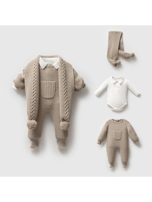 Nipperland 8276N Bebek Atkılı Selanik Düğmeli Kapüşonlu Triko Naturel Yün Tulum