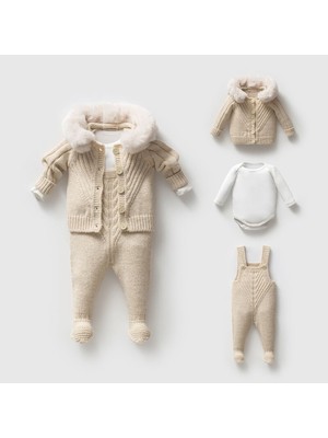 Nipperland 8332N Unisex Bebek Triko Düğmeli Hırkalı 3'lü Naturel Yün Salopet Takım