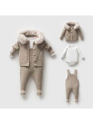 Nipperland 8332N Unisex Bebek Triko Düğmeli Hırkalı 3'lü Naturel Yün Salopet Takım