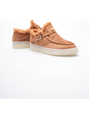 Mubiano Kadın Süet Loafer Ayakkabı Kürklü Tokalı Taba Selva
