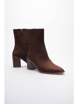 Mubiano Arden Kadın Kahverengi Süet Kalın Topuklu Fermuar Detaylı Bot (7cm)