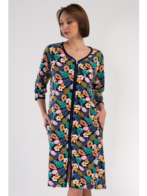 Vienetta Kadın Büyük Beden Kapri Kollu V Yaka Fermuarlı Desenli Lacivert Ev Elbisesi C3T0N3804