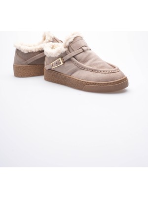 Mubiano Kadın Süet Loafer Ayakkabı Kürklü Tokalı Vizon Selva