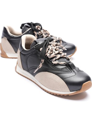 Mubiano Kadın Deri Sneaker Paraşüt Detaylı Siyah-Bej Lurea