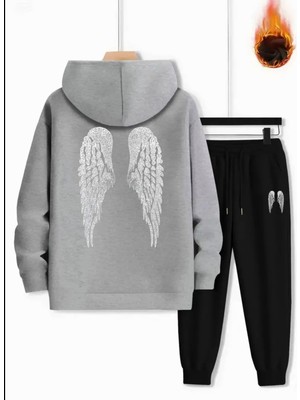 Kids Face Özel Tasarım Melek Kanadı Sırt Baskılı Kapüşonlu %100 Pamuk Kız Çocuk Kışlık Eşofman Takımı