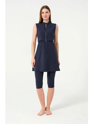 Tesmay Sporcu Likra Kumaş Hızlı Kuruyan Yarım Fermuarlı Sıfır Kollu Taytlı Kadın Mayo 3413
