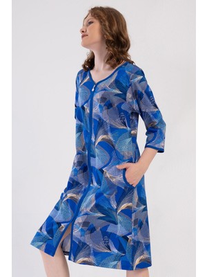Vienetta Kadın Büyük Beden Kapri Kollu V Yaka Fermuarlı Mavi Ev Elbisesi C2T4N1904