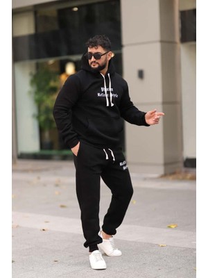 Xorvio Erkek Unisex Kapüşonlu Kanguru Cepli Şardonlu 3 Iplik Kışlık Içi Polarlı Günlük Eşofman Takım