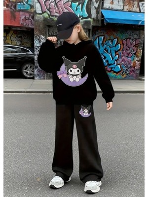 Punix Kids Punıx Kıds Özel Tasarım Kuromi Ay Da Baskılı %100 Pamuk Kışlık Ispanyol Paça Kız Çocuk Eşofman Takımı