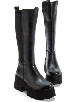 Suins Shoes Suins Henna Model Platform Kadın Siyah Arkası Lastikli Çizme