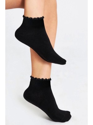 Bamboo Star Bambu Kadın Siyah Fırfırlı Patik Lastiksiz Dikişsiz 3lü Siyah Premium Çorap