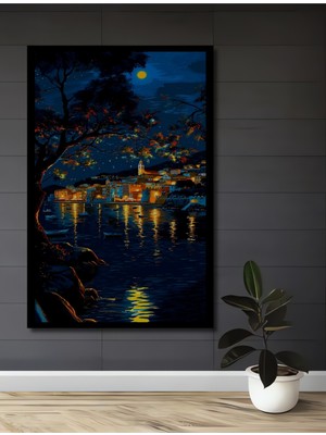 Teona Ahşap Çerçeve Görünümlü Ayışığında Yansıyan Sahil Ahşap Mdf Dekoratif Tablo Dikdörtgen Tablo